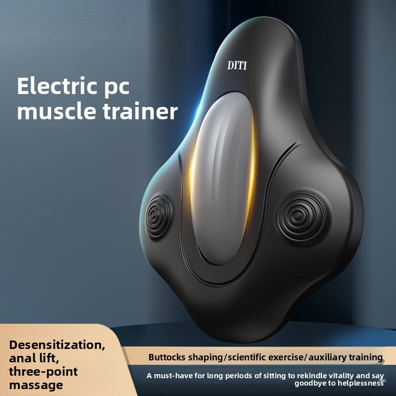 Black contoured pelvic floor trainer pad with a central silicone ridge and two rounded side vibration points
