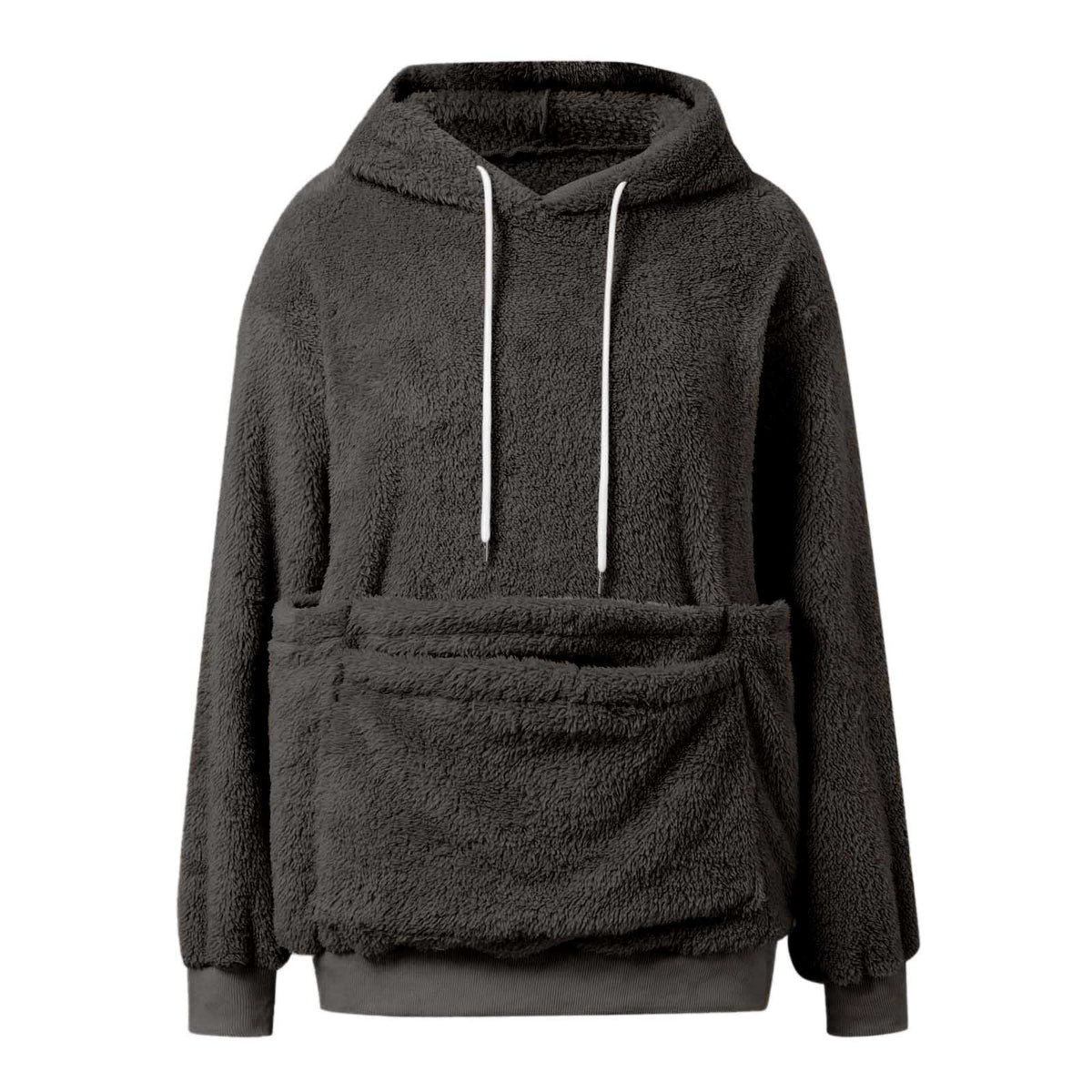 Dark Gray option, size L: plush fleece hooded sweatshirt with white drawstrings and large front pocket