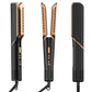 Black flat iron with rose gold ceramic plates and LED temperature screen from three views