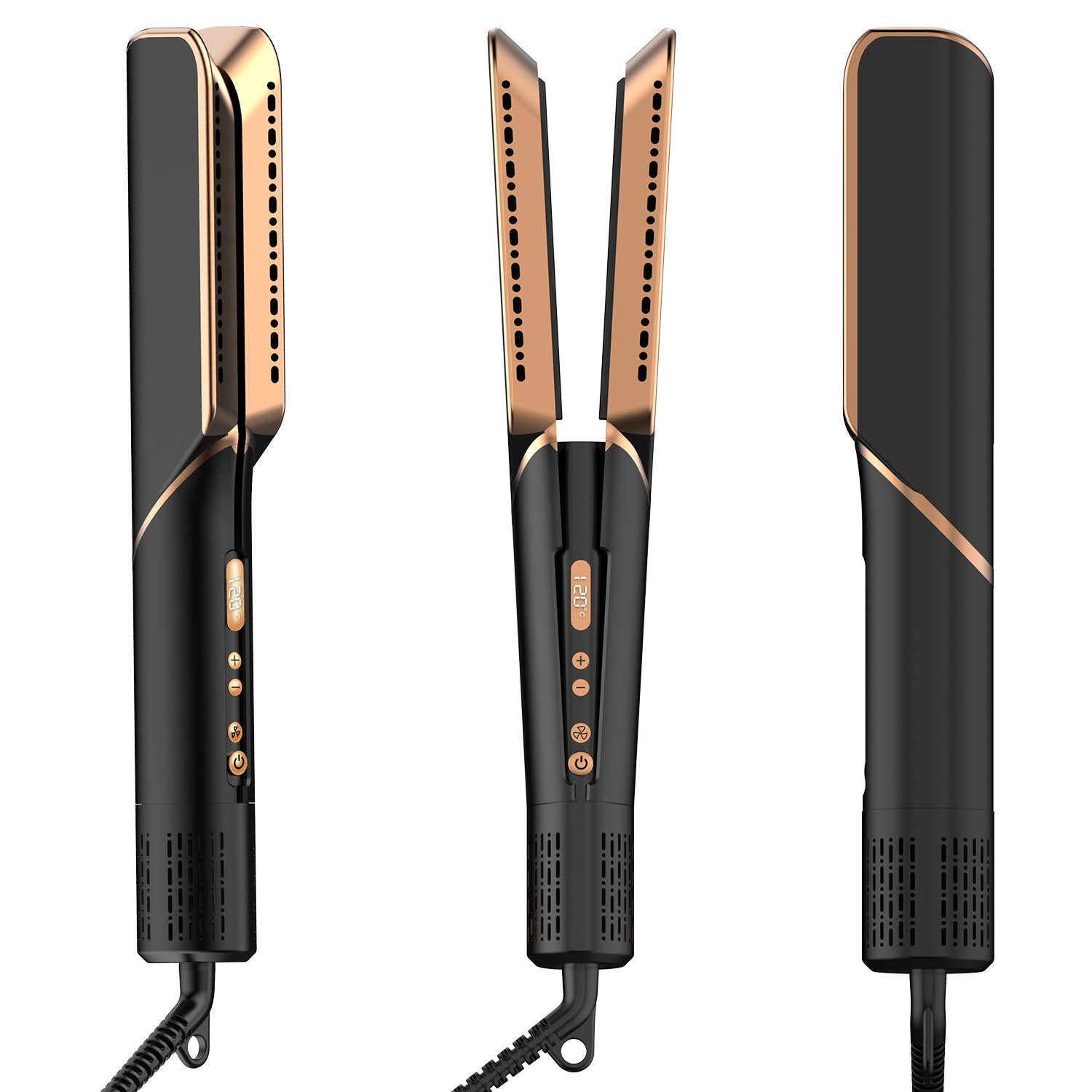 Black flat iron with rose gold ceramic plates and LED temperature screen from three views