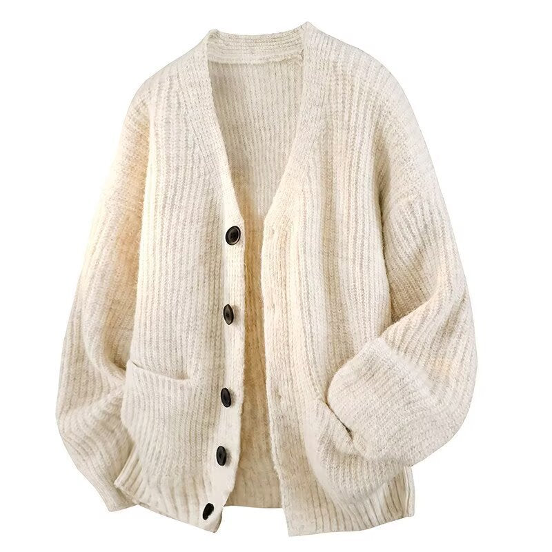 Cream ribbed knit V-neck cardigan with buttons and patch pockets, Cream option, size M