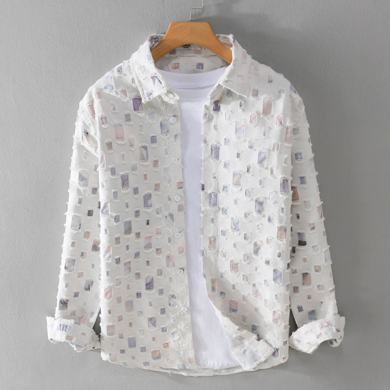 Solid black patchwork overshirt shown open over a white tee on a hanger