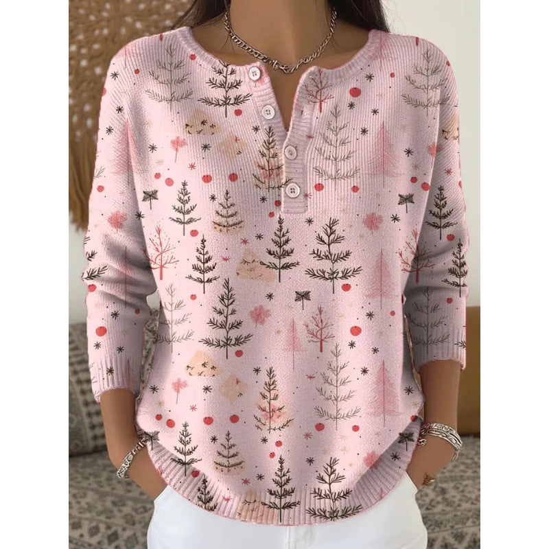 Reverse view of the Christmas print long sleeve Henley knit top