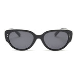 Black oval cat eye TR90 frame with dark tinted lenses shown from the front