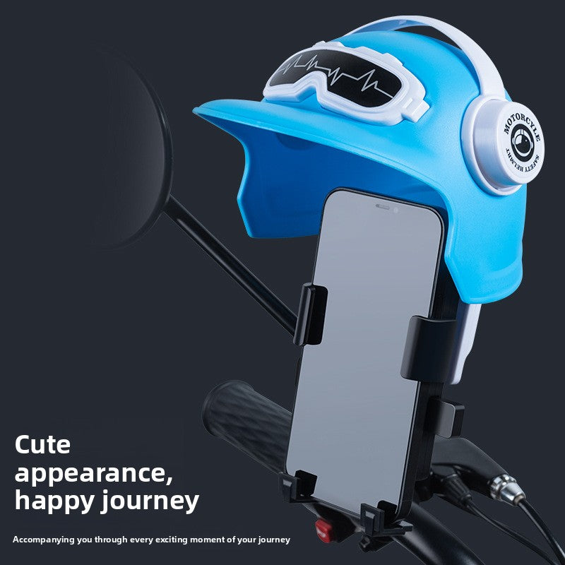 Phone in a holder under a blue small helmet visor on a handlebar, with a mirror behind, dark background