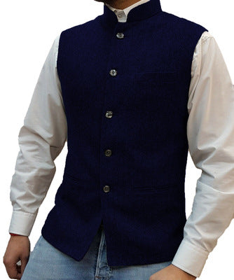 Navy Blue herringbone stand collar vest over a white shirt, size M