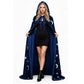 Woman wearing a navy blue velvet cloak with a hood, holding it open to show the blue lining and moon print