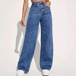 Front view of high waist straight leg jeans on a model standing relaxed