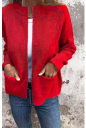 Red zip-front knit cardigan with two patch pockets, size XXL