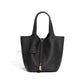 Leather bucket tote bag laid flat in an overview shot