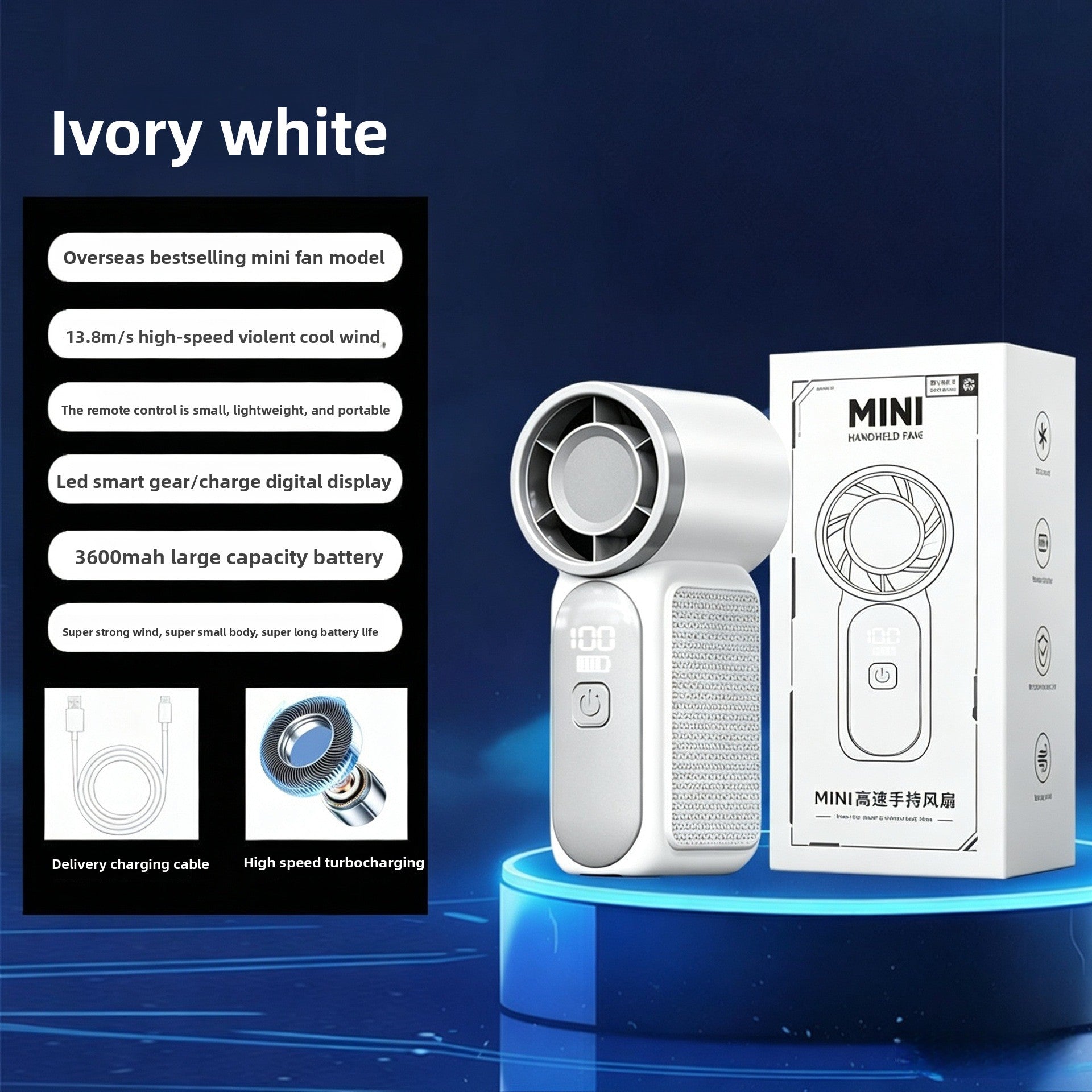 White handheld turbo fan next to its box and USB charging cable