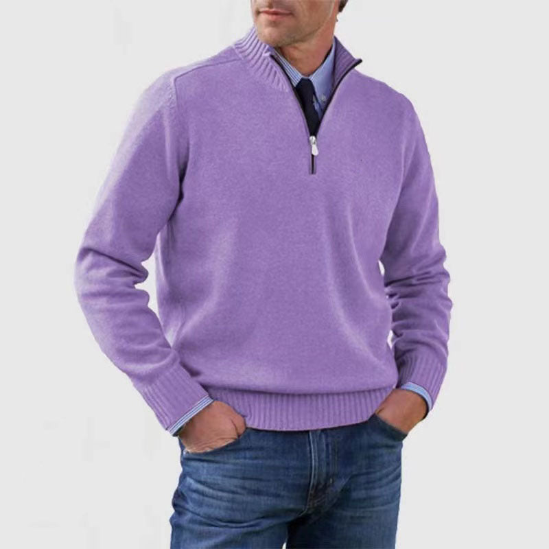 Purple mens acrylic knit quarter zip stand collar pullover sweater worn by a standing male model