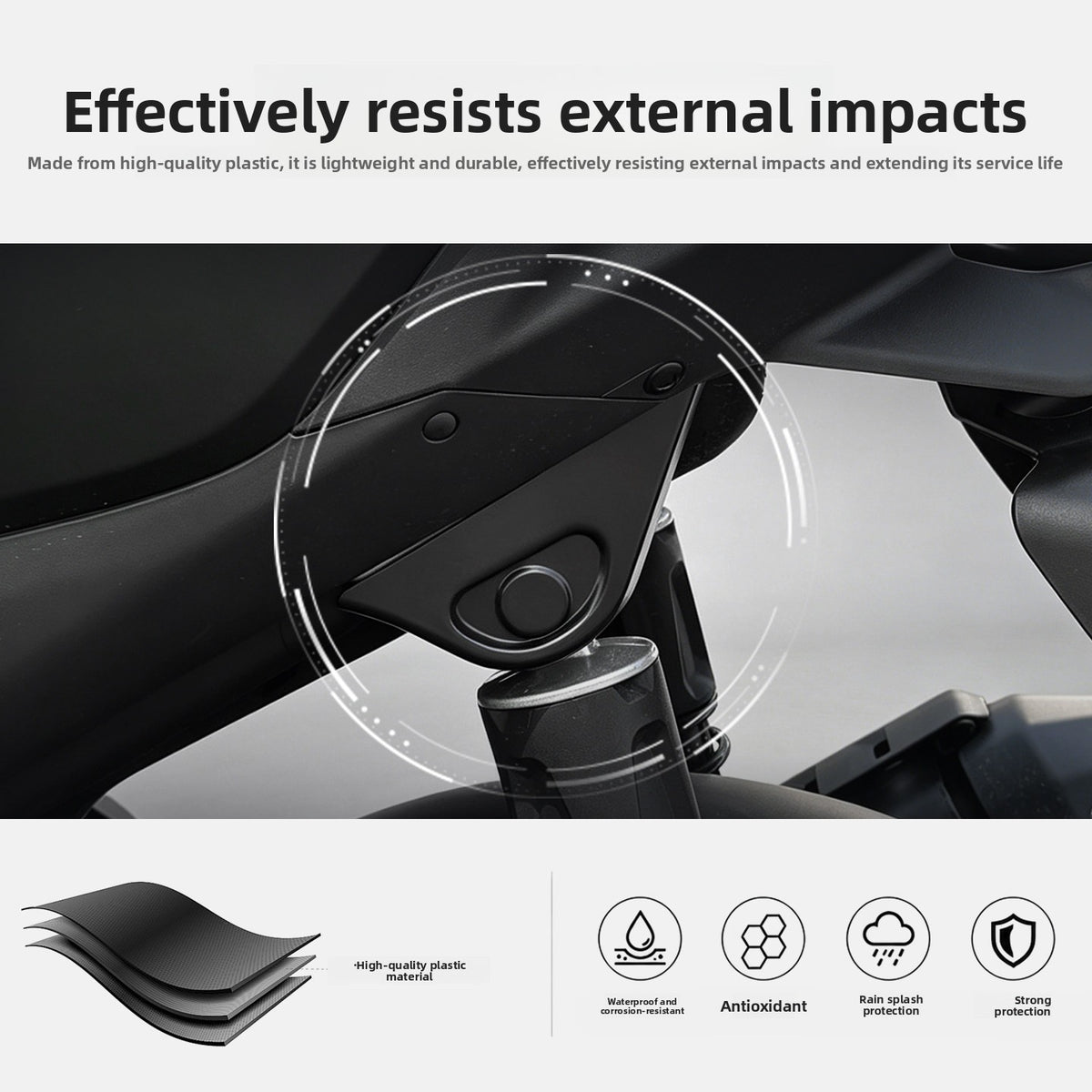 Motorcycle rear shock absorber cover with plastic material layers and icon panel beneath the photo