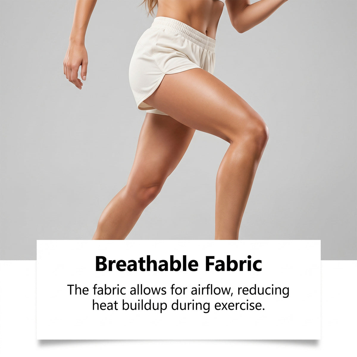 Runner in white shorts mid stride with a breathable fabric caption for the knee strap