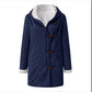 Women's hooded suede toggle coat with white plush lining in Navy Blue