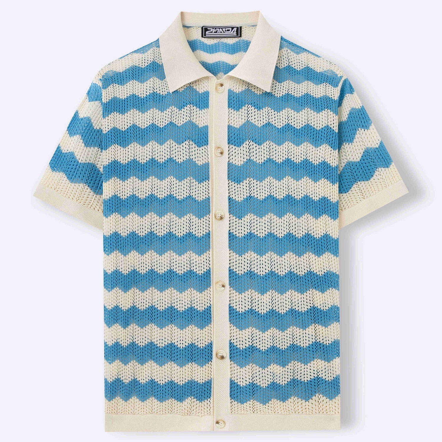Flat lay of blue and cream chevron ripple knit polo shirt button front
