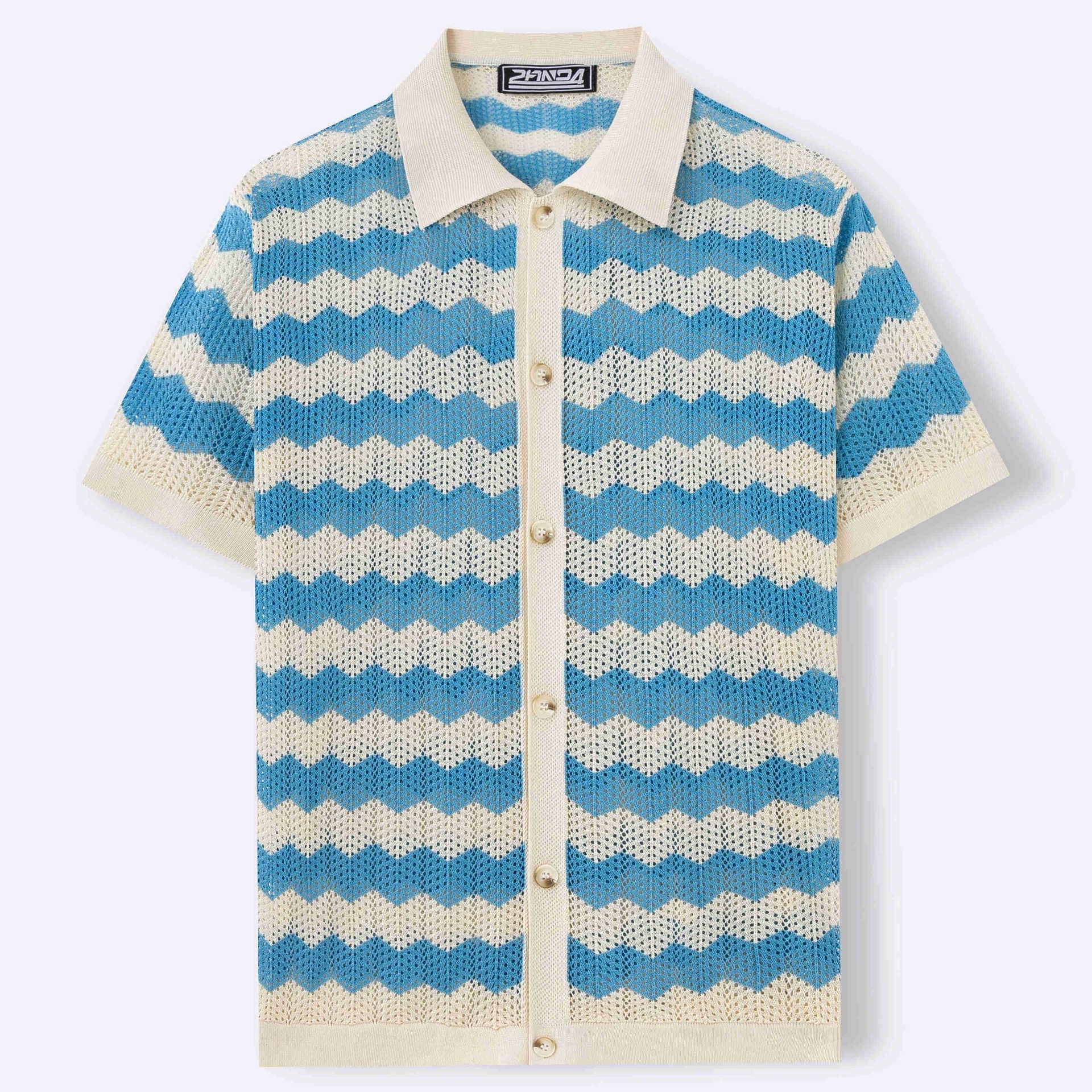 Flat lay of blue and cream chevron ripple knit polo shirt button front