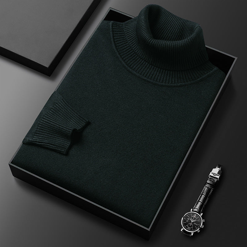 Men's slim-fit turtleneck sweater on a plain studio background