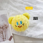 Soft corn velvet and plush squeaky pet toy shaped like a cartoon animal on a plain background