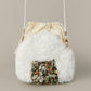 White plush crossbody bag with knit patch cotton drawstring top and cord strap