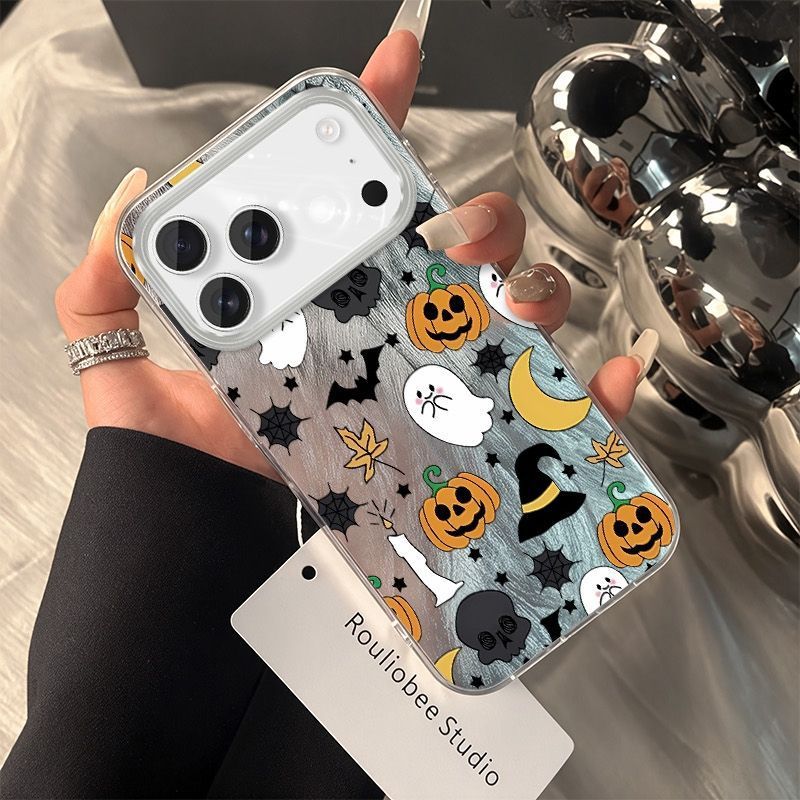 Hard polycarbonate iPhone case with a Halloween ghost and pumpkin pattern over a brushed silver ground