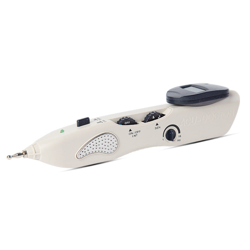 Off white rechargeable massage pen shown from the side on a white background, option photo
