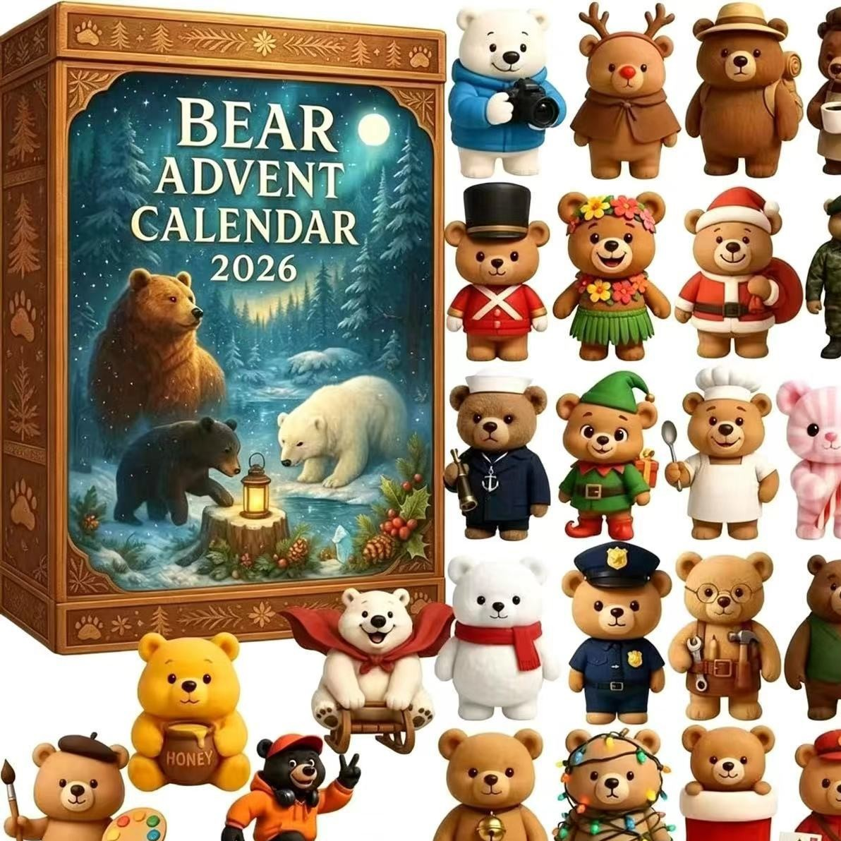 Bear advent calendar 2026 box beside a sheet of bear character ornaments in festive costumes