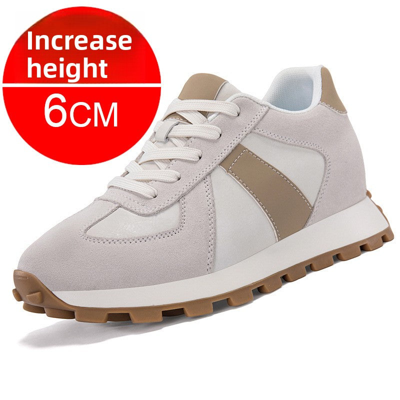 Gray suede low top lace up sneaker with a taupe stripe, 6 cm inner lift option, size 41