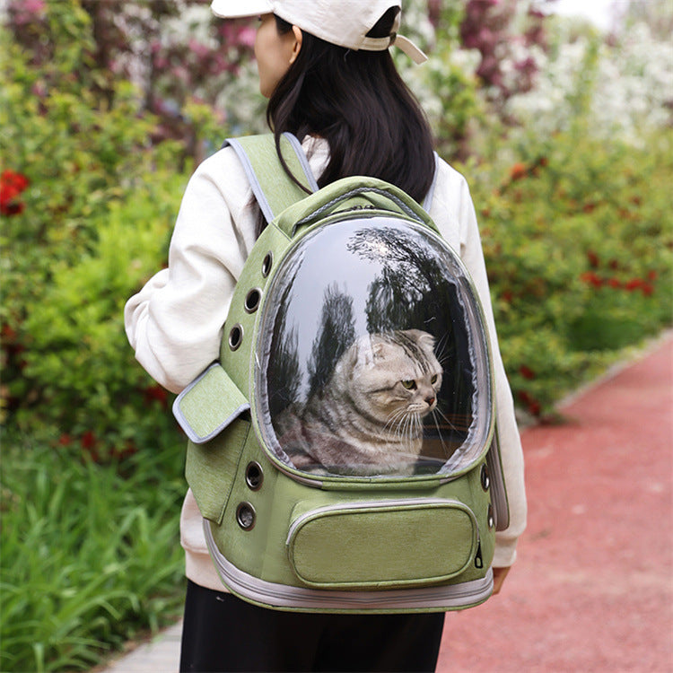 Side view of the pet backpack showing the ventilation grommets and firm Oxford shell