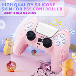 Pink cat ear silicone skin fitted on a PS5 DualSense controller, front view