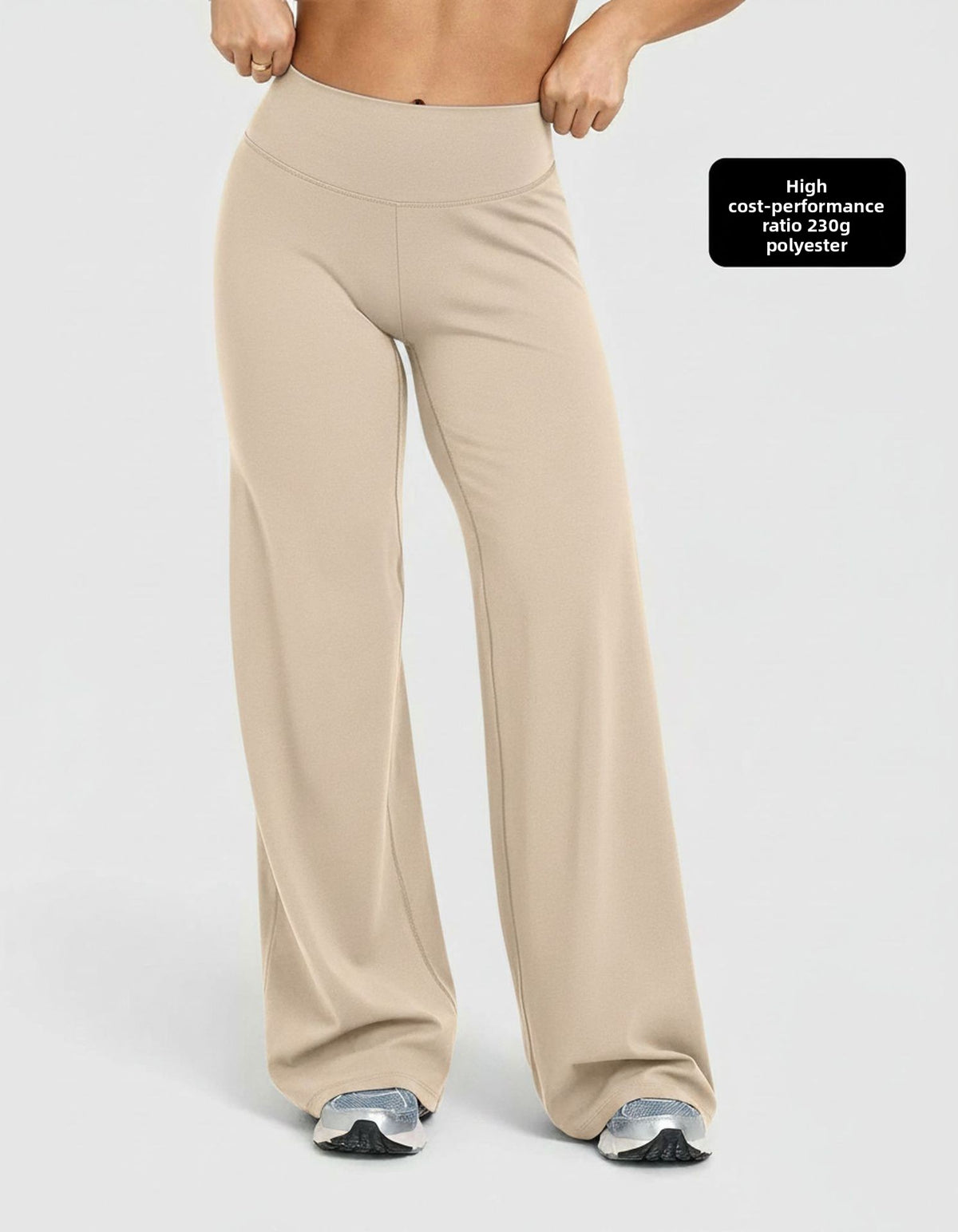 Womens high waisted wide leg stretch pants shown on a model