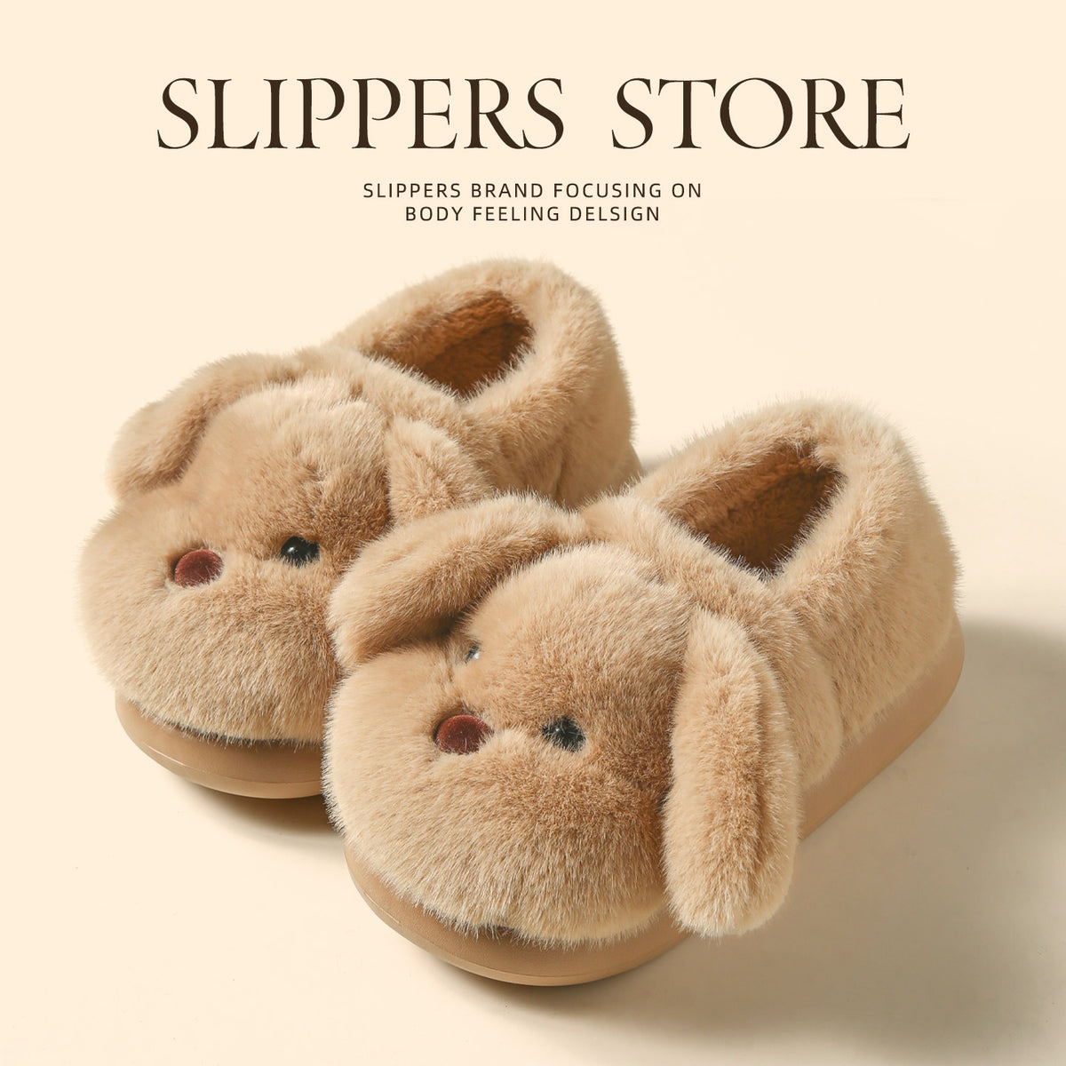 Soft plush slippers with a stitched puppy face and ears, artificial fur lining, shown in a home setting