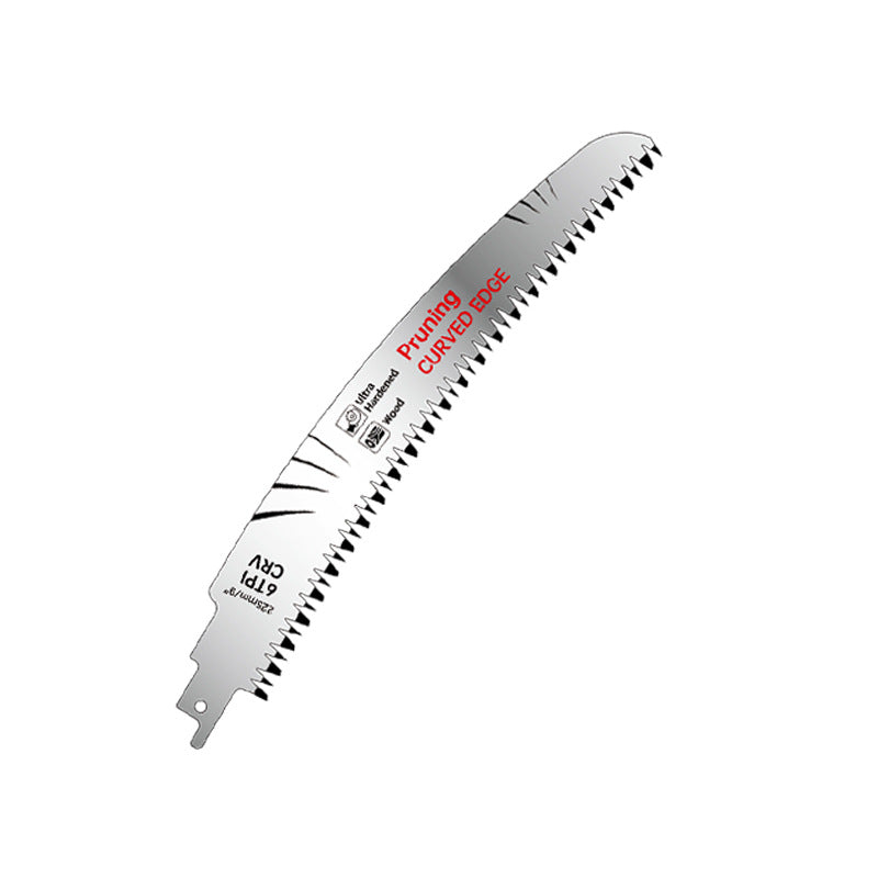 Curved reciprocating saw blade with universal tang shown at an angle on a white background