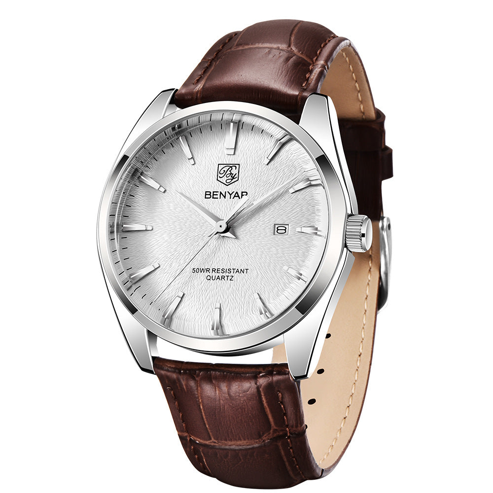 BENYAR silver case men's quartz watch with a white dial and brown leather strap