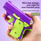Purple and green model pistol fidget held in one hand to show its 12 cm hand sized body
