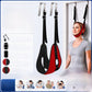 Black and red chin cradle with black nylon straps and steel door hooks, woman seated against a door, Black and Red option