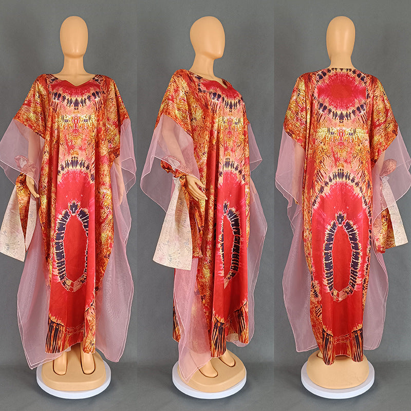 Rose red ground African print kaftan with sheer mesh oversleeves, Color 5 option photo