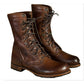 Pair of brown lace-up boots with front lacing and a stitched vamp, gallery style photo, not an option