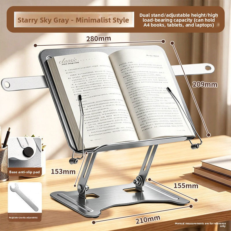 Space Silver Wave model reading stand with a side bar extending from the panel, book open, dimension callouts