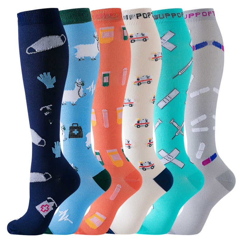 Set of knee high compression socks in botanical and animal print designs