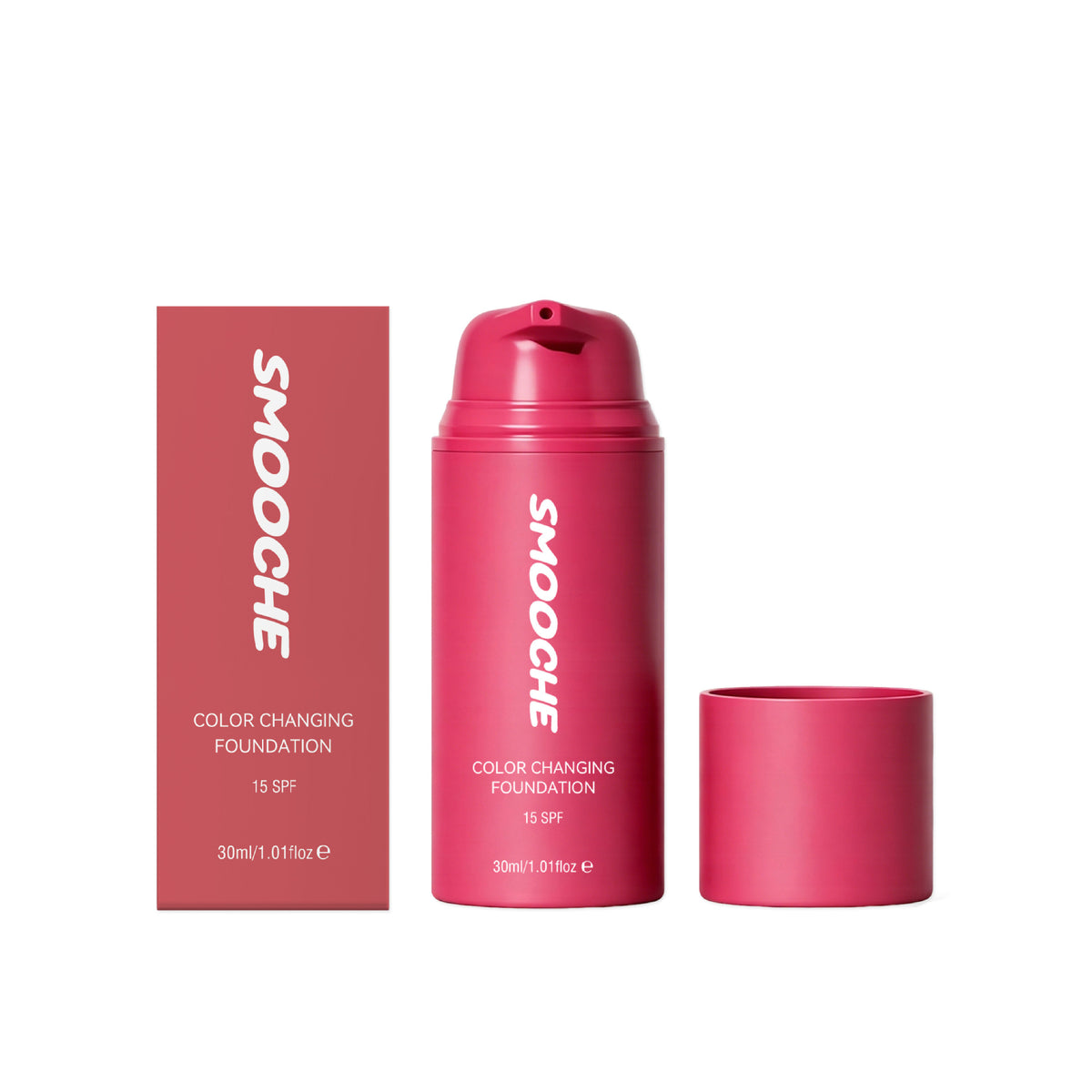 Raspberry pink foundation pump bottle and carton printed SMOOCHE with a 30ml label, 30 ml option