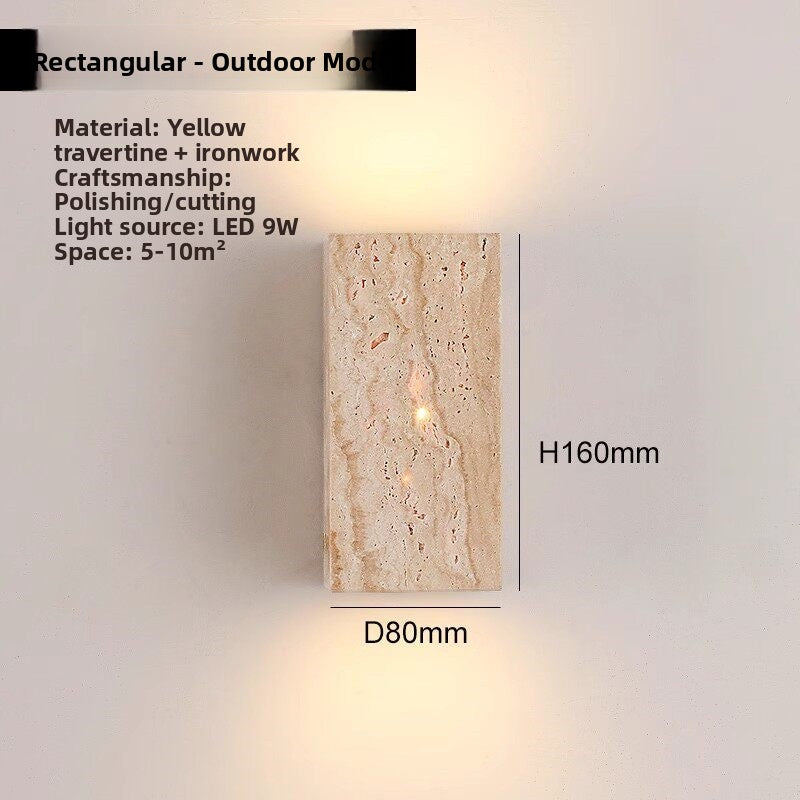 Outdoor travertine wall lamp on a sheltered porch wall rated for splashes
