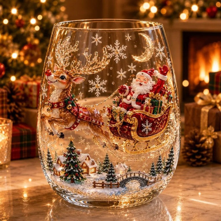 Clear borosilicate Christmas glass cup with a raised 3D holiday design for drinks or decor