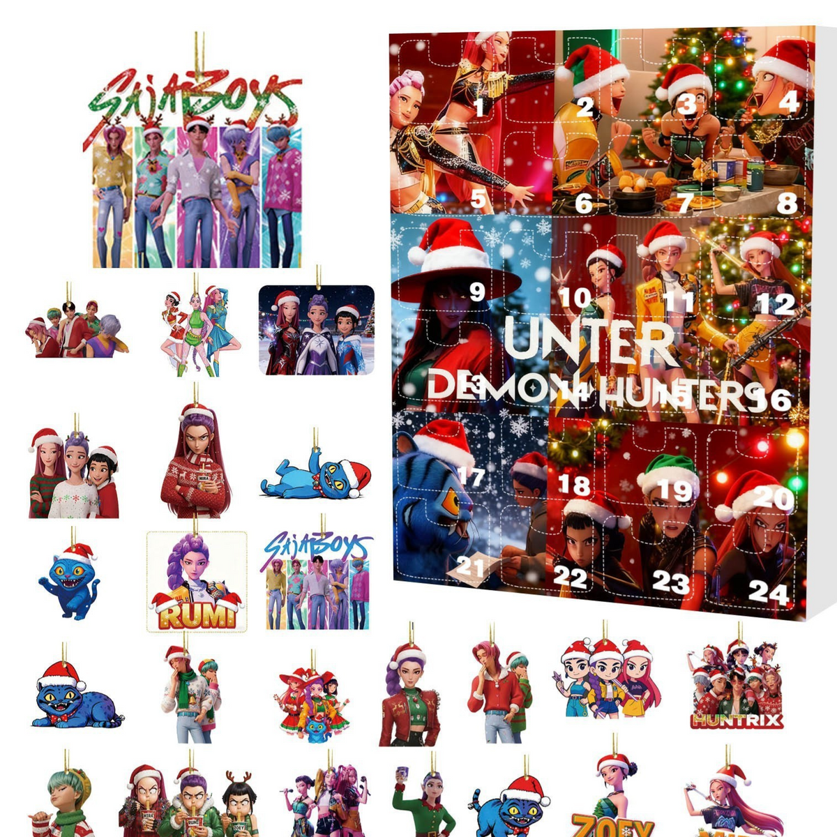 Demon Hunters night themed advent calendar cover in dark colours beside a sheet of 24 festive ornaments
