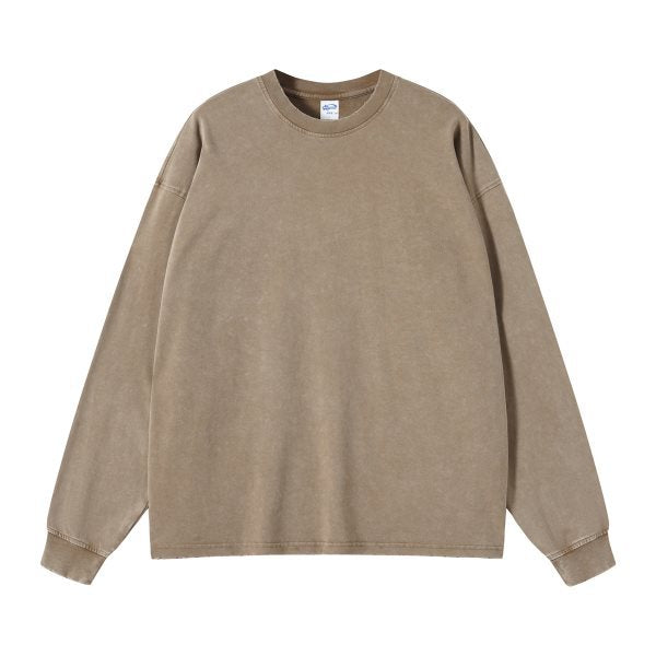 Raw frayed hem and cuff detail on the brown heavyweight washed tee
