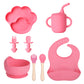 Dark pink 8-piece set 2 with a paw plate, a cup with a straw, a bowl, utensils and a bib