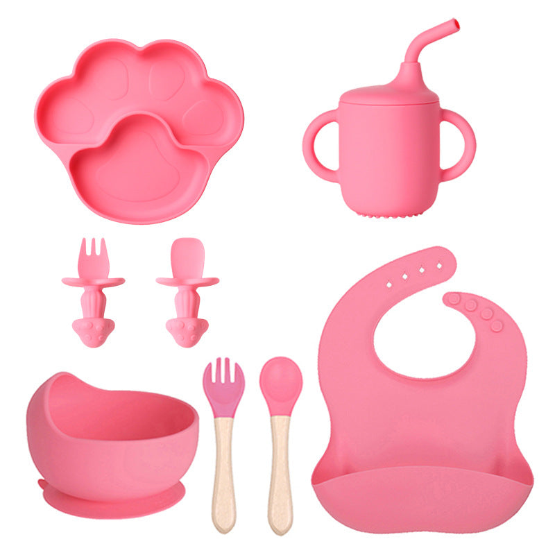 Dark pink 8-piece set 2 with a paw plate, a cup with a straw, a bowl, utensils and a bib