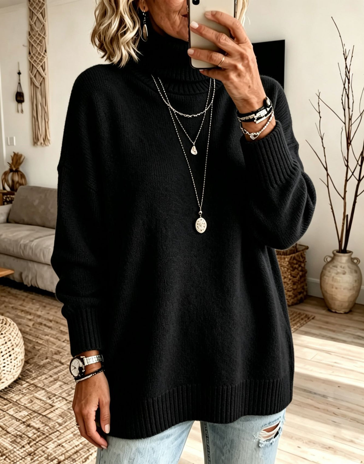 Women's black turtleneck knit sweater, loose fit with ribbed cuffs and hem, size L