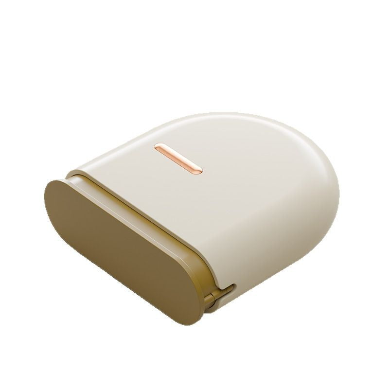 Rounded plastic retainer storage case shown open with a clear aligner and a tweezers
