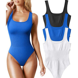 Sleeveless ribbed bodysuit front view showing the fitted ribbed knit and neckline